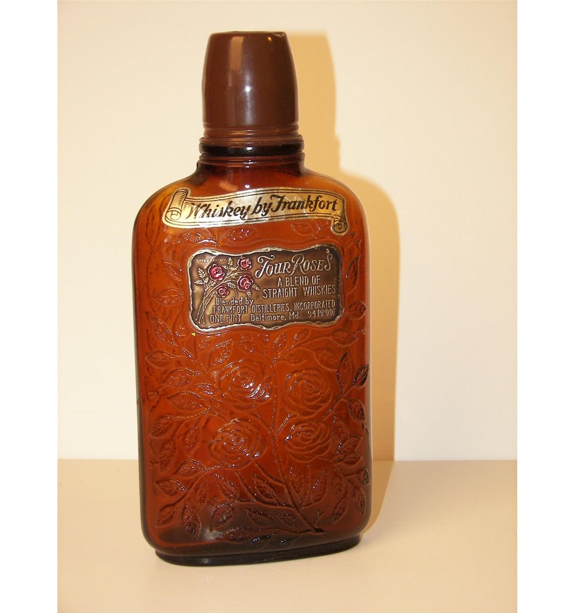 Four Roses Amber Whiskey Bottle, Vintage Flask