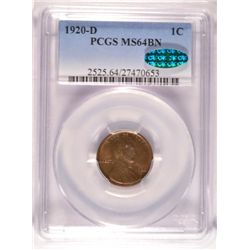 1920-D LINCOLN CENT PCGS MS64 BN W/ CAC