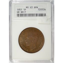 1951 GREAT BRITAIN 1 PENNY ANACS MS63 BN