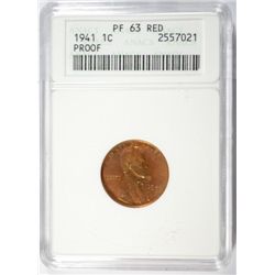 1941 LINCOLN ONE CENT ANACS PROOF 63 RED