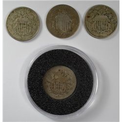 SHIELD NICKEL: 1866 VG, 1867 RAYS G, 1868 VG, 1869 G