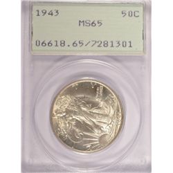 1943 WALKING LIBERTY HALF DOLLAR PCGS MS65 RATTLER HOLDER BLAST WHITE