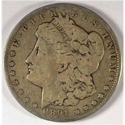 1891-CC MORGAN SILVER DOLLAR, VG