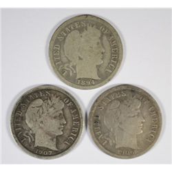 BARBER DIME LOT: 1907-S F-VF, 1894-O G, 1906-S VG
