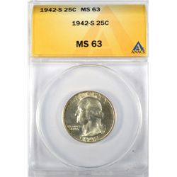 1942-S WASHINGTON QUARTER ANACS MS-63