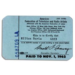 Milton Berle's 1962 Membership Card to AFTRA