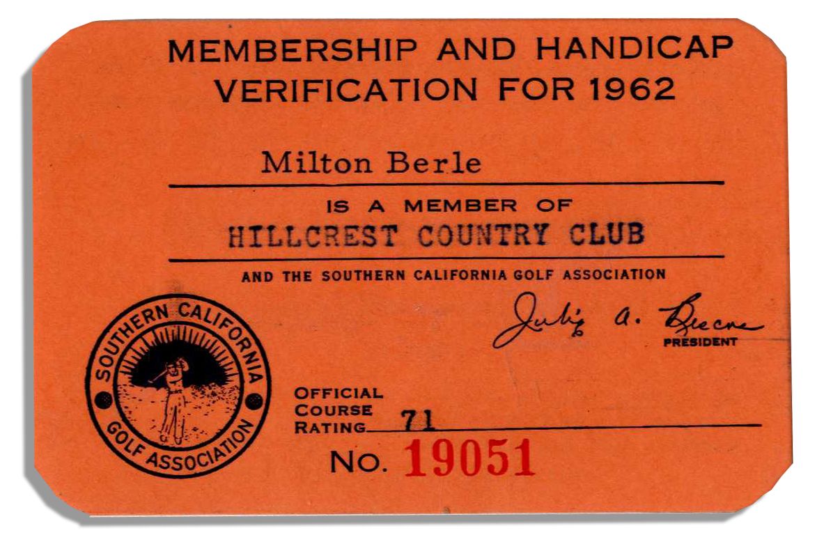 Milton Berle S 1962 Golf Handicap Verification Card From Hillcrest