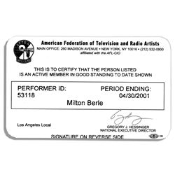 Milton Berle's Official ''American Federation of Television and Radio Artists'' Membership Card