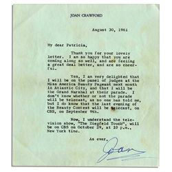 Joan Crawford Typed Letter Signed -- ''...delighted that I will be on the panel of judges at the Mis