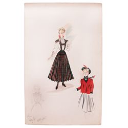 Screen Legend Mona Freeman Costume Sketch From the 1951 Film ''Darling How Could You!'' -- Drawn by 
