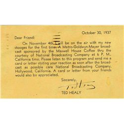 Ted Healy Signed Postcard -- 1937 -- ''...I will be on the air with my new Stooges for the first tim