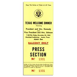 Ticket to JFK's Texas Welcome Dinner -- Scheduled for the Night of His Assassination