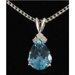 3.49 carat Natural Blue Topaz Oval & Diamond Necklace 14kt Wgold