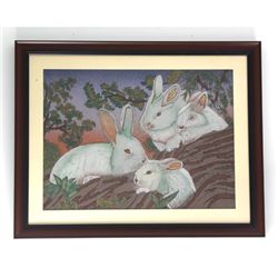 Playful Rabbits Crushed Gemstone Painting w/ Frame