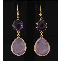 Amethyst&Rose Qrtz 63.15ctw Gold Plated Brass Earring