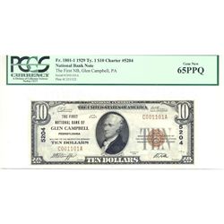 1929 $10 National Bank Note, Glen Campbell, PA, Gem New 65PPQ