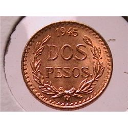 1945 Dos Pesos Gold Mexican Piece BU