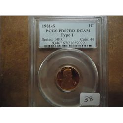 1981-S TYPE I LINCOLN CENT PCGS PR67 RD DCAM