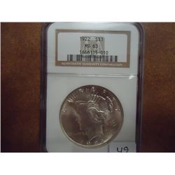 1922 PEACE SILVER DOLLAR NGC MS63