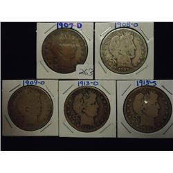 1907-D,08-O,09-O,13-D & 15-S BARBER HALF DOLLARS
