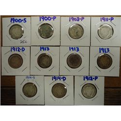 11 ASSORTED BARBER DIMES OLD DEALER STOCK