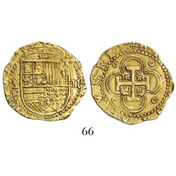 Seville, Spain, cob 2 escudos, Philip II, assayer Gothic D to left below mintmark.