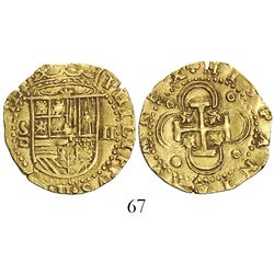 Seville, Spain, cob 2 escudos, Philip II, assayer Gothic D to left below mintmark.