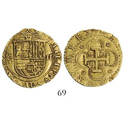 Seville, Spain, cob 2 escudos, Philip II, assayer Gothic D to left below mintmark.