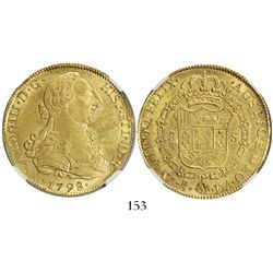 Santiago, Chile, bust 8 escudos, Charles IV (bust of Charles III), 1798DA, encapsulated NGC AU 55.