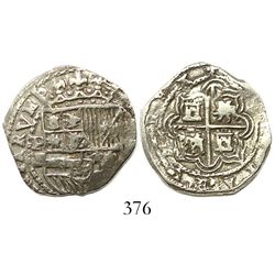 Potosi, Bolivia, cob 2 reales, Philip II, assayer B (5th period), borders of x's, Grade 1.