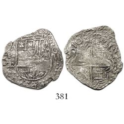 Potosi, Bolivia, cob 2 reales, 16(18)T/PL, denomination o-\\, Grade 2, very rare.