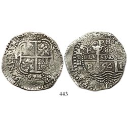 Potosi, Bolivia, cob 8 reales, 1654E, dot-PH-dot at top.