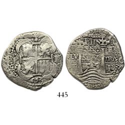 Potosi, Bolivia, cob 4 reales, 1653E, PH at top, rotated-4 denomination.