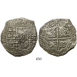Potosi, Bolivia, cob 8 reales, (16)50O, crowned-dot-F-dot countermark on shield.