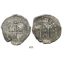 Potosi, Bolivia, cob 8 reales, 1653E, dot-PH-dot at top.