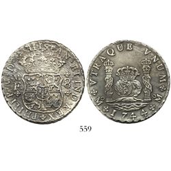 Mexico City, Mexico, pillar 8 reales, Philip V, 1744MF with the first 4/3, very rare.