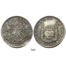 Mexico City, Mexico, pillar 8 reales, Philip V, 1744MF, narrow date.