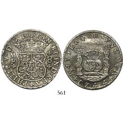 Mexico City, Mexico, pillar 8 reales, Philip V, 1744MF, wide date.