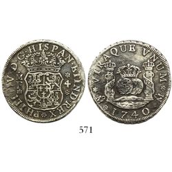 Mexico City, Mexico, pillar 4 reales, Philip V, 1740MF, wide date, no moulding on tops of pillars.