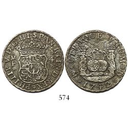 Mexico City, Mexico, pillar 4 reales, Philip V, 1742MF, narrow date.