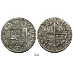 Seville, Spain, milled 8 reales, Philip V, 1733PA.