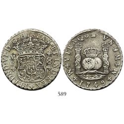 Mexico City, Mexico, pillar 8 reales, Ferdinand VI, 1749MF, normal date.