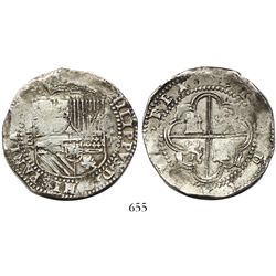 Potosi, Bolivia, cob 8 reales, Philip II, assayer B (2nd period), "Great Module."