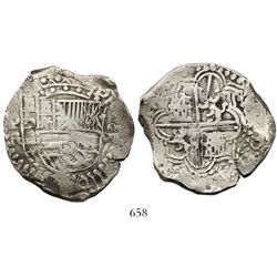 Potosi, Bolivia, cob 8 reales, Philip III, assayer R (curved leg).