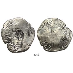 Potosi, Bolivia, cob 8 reales, 1651E, crowned-dot-F-dot countermark on shield.