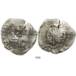 Potosi, Bolivia, cob 8 reales, Philip IV, assayer E (1521-2), crowned-dot-F-dot countermark on shiel