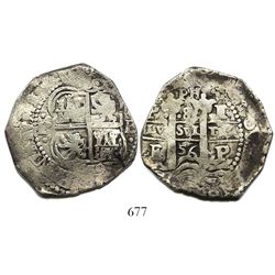 Potosi, Bolivia, cob 8 reales, 1656E, PH at top.