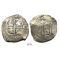 Potosi, Bolivia, cob 8 reales, 1657E, pomegranate at top on both sides.