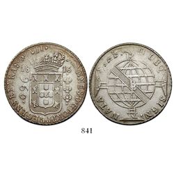 Brazil (Bahia mint), 960 reis, Joao Prince Regent, 1816-B, struck over a Seville, Spain 8 reales, 18