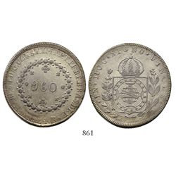 Brazil Rio mint), 960 reis, Pedro I, 1824-R, struck over a Potosi, Bolivia, 8 reales, 1813PJ.